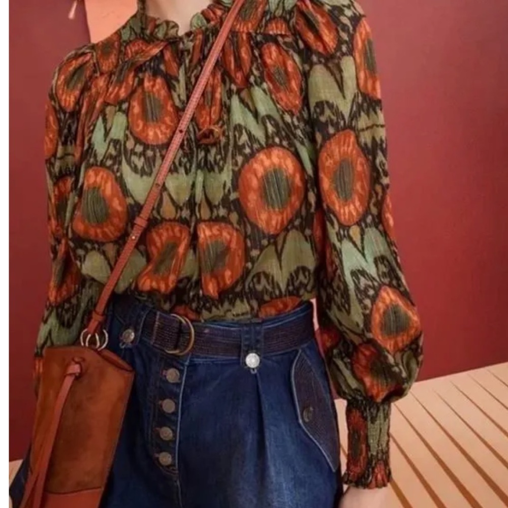 Ulla Johnson Olive and Rust Patterned Blouse